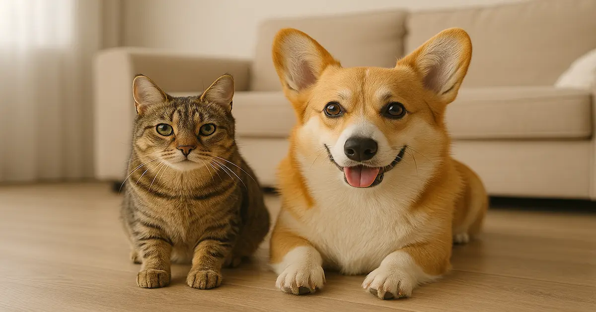 犬と猫が仲良く並んでこちらを見ている画像。