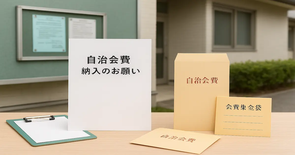 自治会費の納入をお願いする文書と封筒が並んでいるイメージ画像