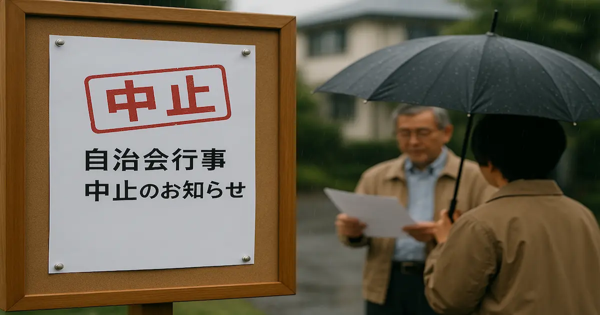 自治会掲示板に中止案内を掲示する様子と、それを傘を差して確認する住民