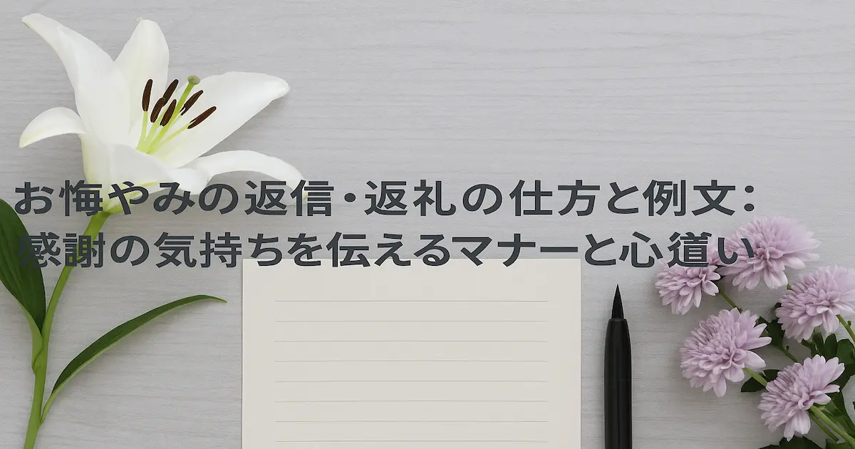 白百合と薄紫の菊に囲まれた便箋と筆ペンの背景に、「お悔やみの返信・返礼の仕方と例文：感謝の気持ちを伝えるマナーと心遣い」という文字が落ち着いた書体で配置された横長アイキャッチ画像