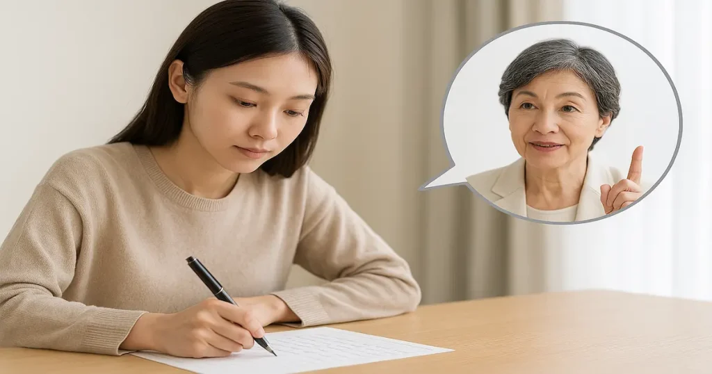 年配女性の助言を受けながらペン字練習をする若い女性