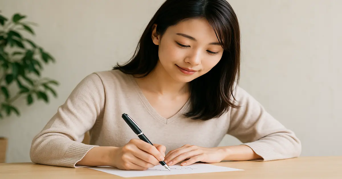 机でペン字の練習をする若い女性