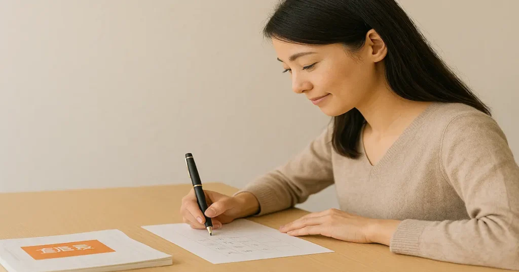 通信講座の練習帳を使って、丁寧に字の練習をする若い女性