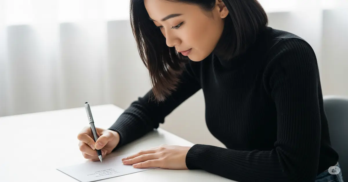 縦書き封筒に縦書きで宛名住所を書いていている若い女性。