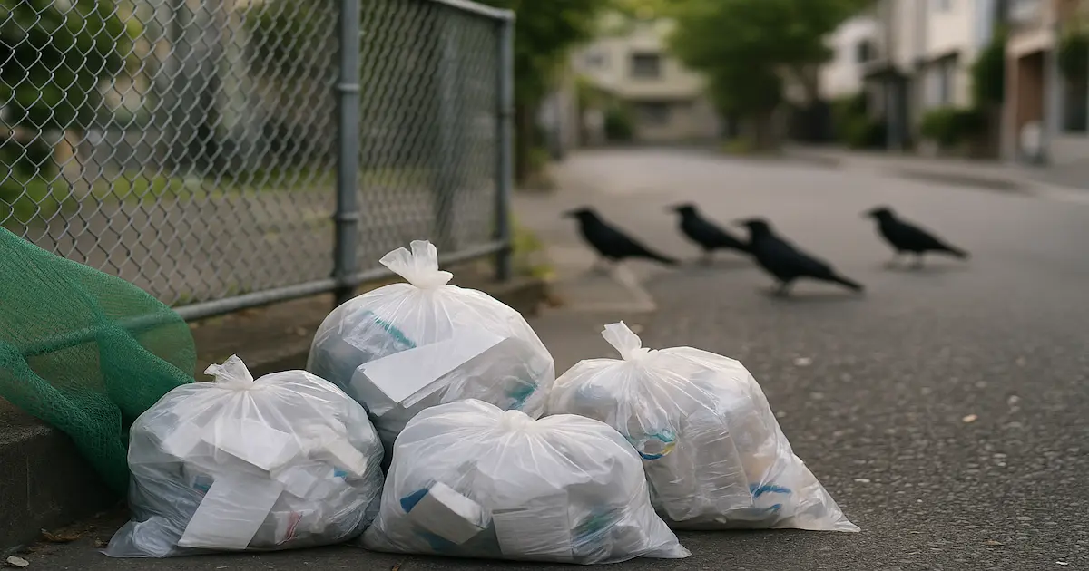 ゴミ袋をネット内に入れていないため、カラスがゴミを荒らしやってきている。