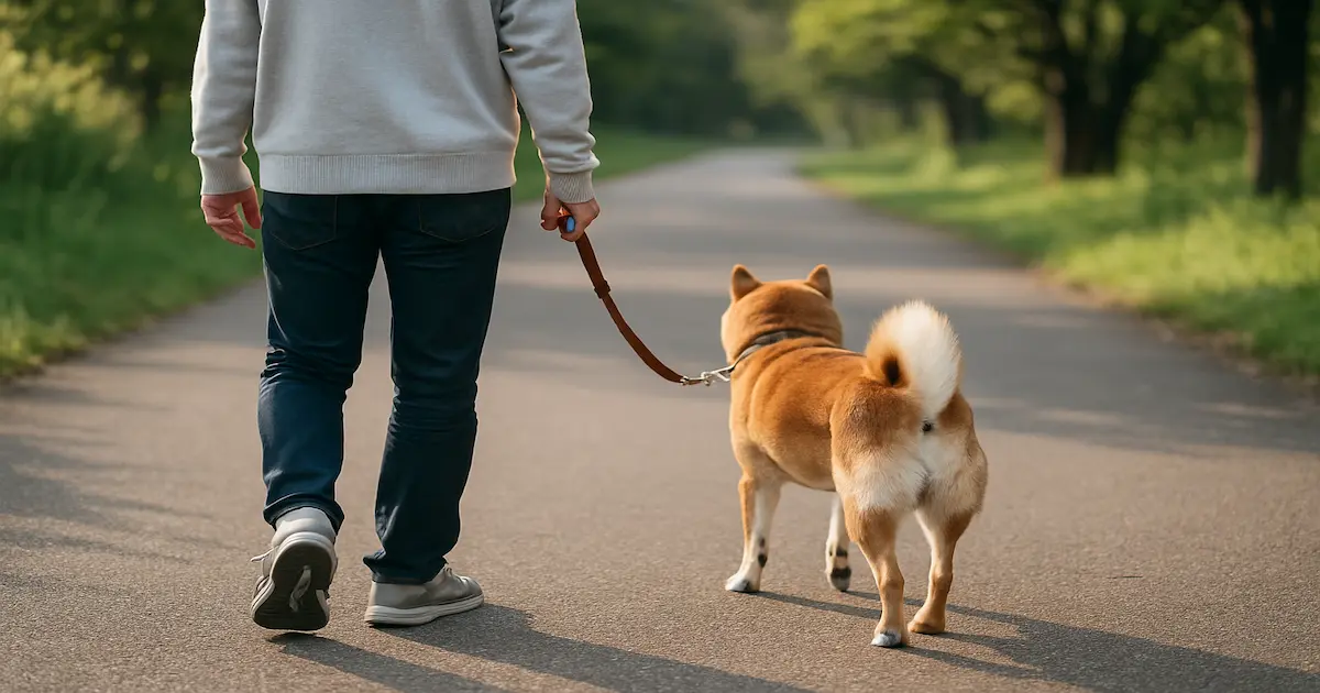 町内の公園を散歩している飼い主と犬の画像。