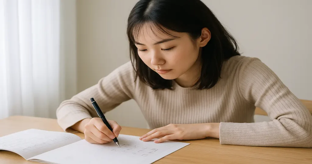 四谷学院のボーペン字講座講座で練習に集中している大人の女性。