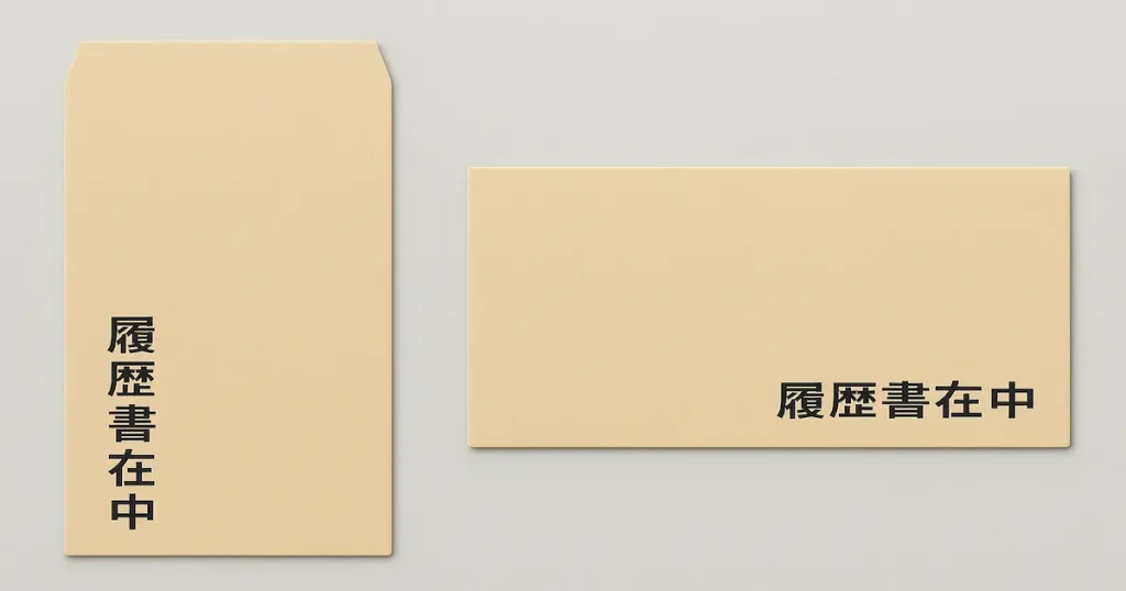 「履歴書在中」と書かれた封筒2通。左は縦書きで左下に記載、右は横書きで右下に記載されている。
