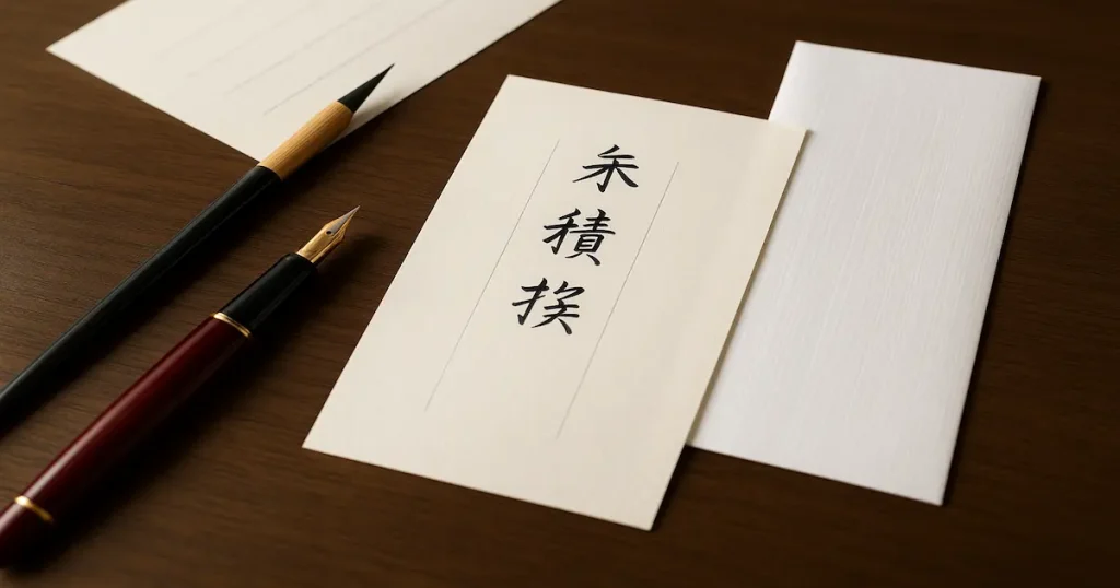 和風の便箋と万年筆・筆ペンが机の上に並んだイメージ