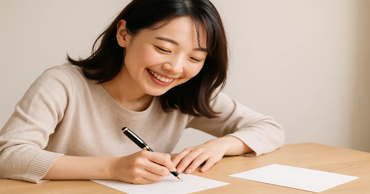 四谷学院ボールペン字講座で美しい文字が書けるようになり手紙を書くのが楽しくなった女性の図。