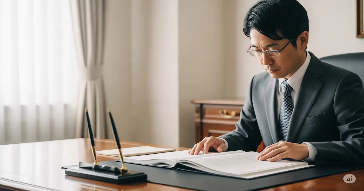 「ご高覧ください」と送付する資料を広々とした重役会議室の一角でチェックしているビジネスマン。