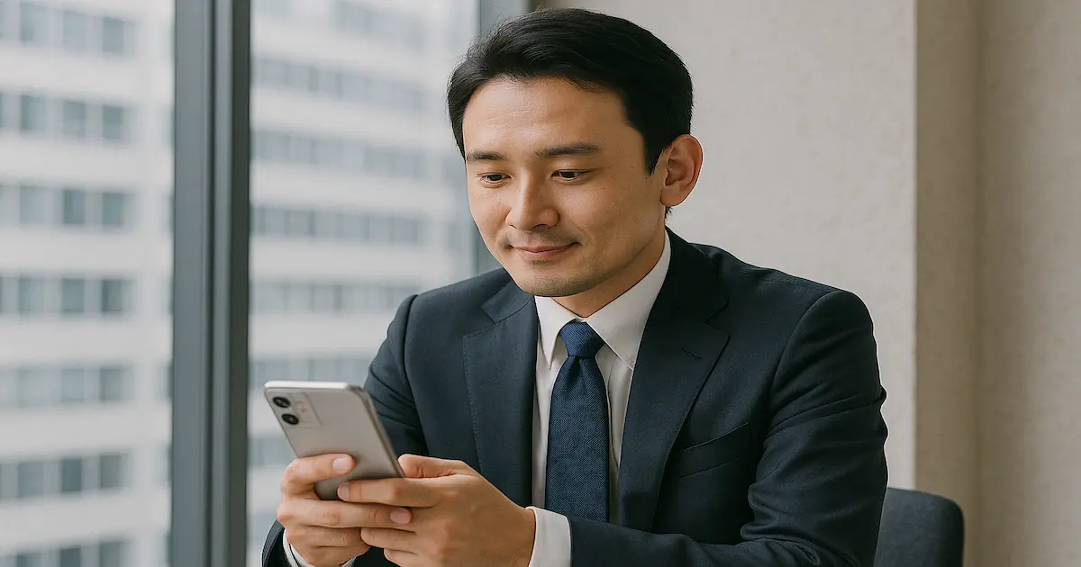 「返信遅くなってごめん」のメッセージに返事をしているスーツ姿のビジネスマン