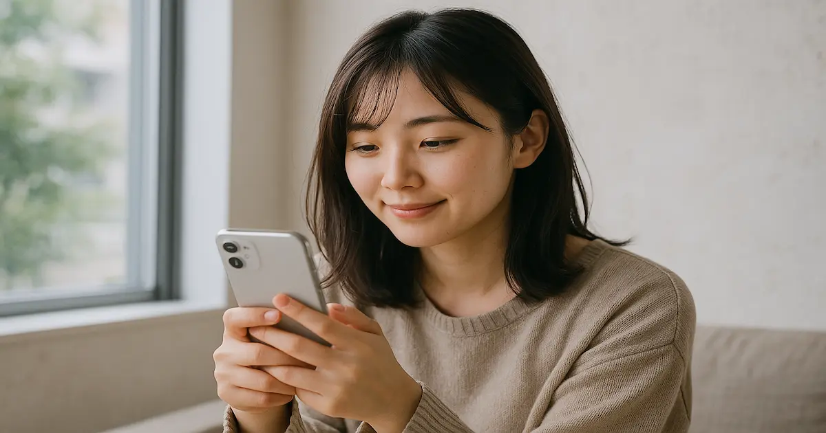 「返信遅くなってごめん」のメッセージに返しをしながら窓際で微笑む若い女性
