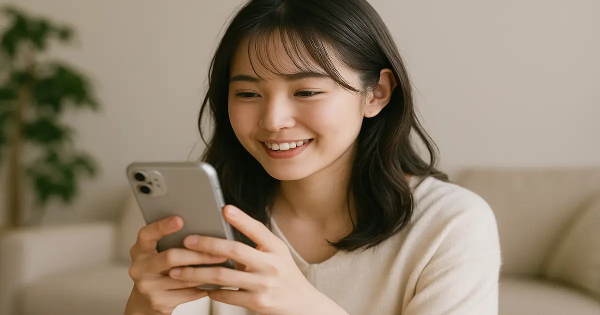 「返信遅くなってごめん」に気遣いつつ微笑みながら返しをしている女性のリラックスした様子