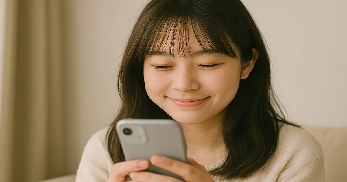 「返信遅くなってごめん」に可愛らしく答えようと考えながらスマホに打ち込む女性。