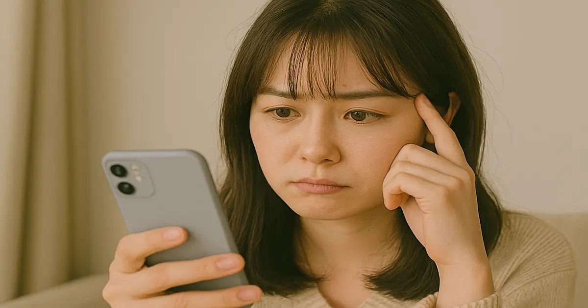 彼氏とのやりとりで「返信遅くなってごめん」にどう可愛らしく答えようかと悩んでいる女性。