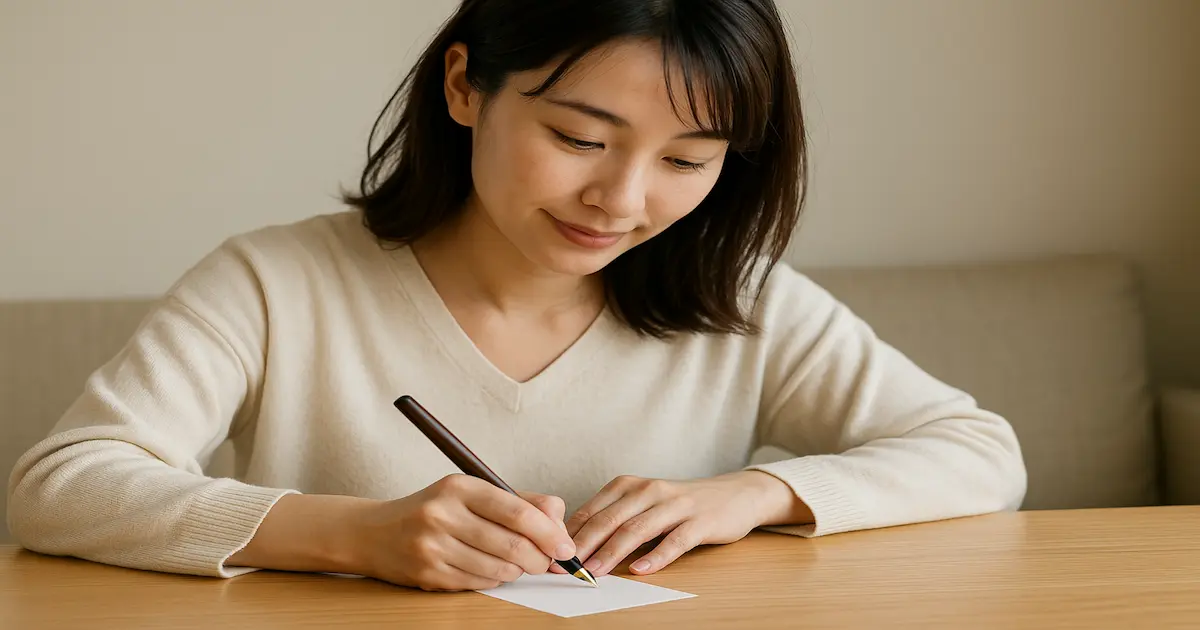 30代の女性が静かな室内で、一筆箋に丁寧に文字を書いている様子。