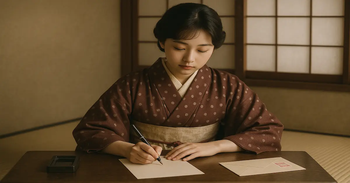 大正時代の着物を着た若い女性が和机に向かい、恋文を丁寧に書いている静かな室内の様子