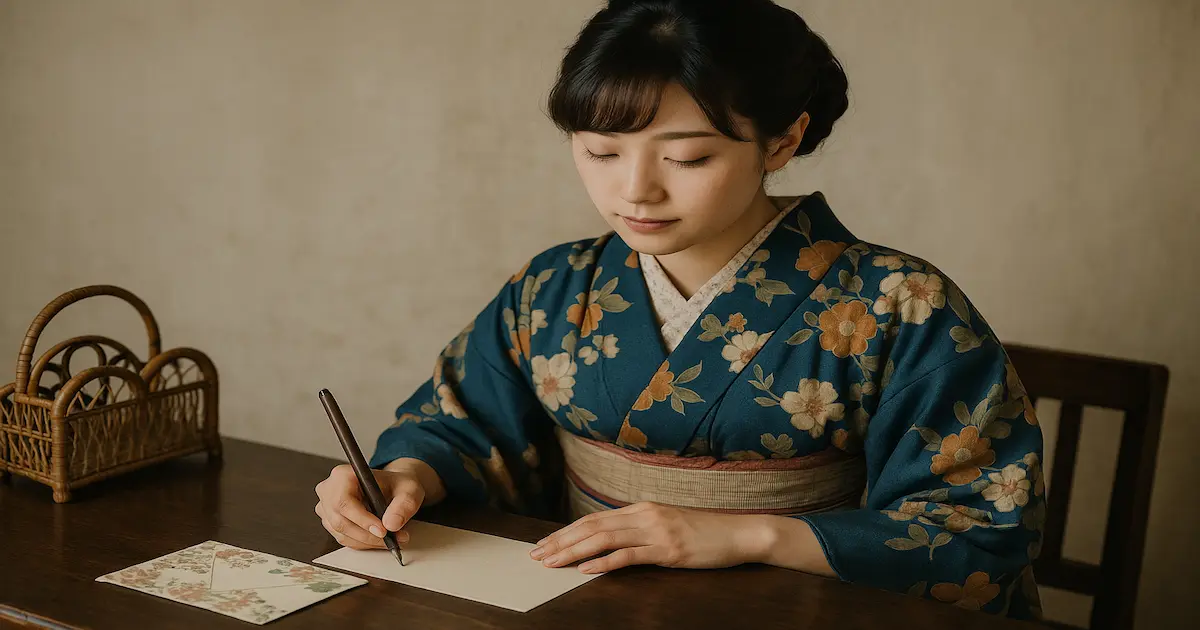 大正時代の女学生がラブレターを書く様子を再現した、恋文の書き方や便箋選びを想起させる写真風イメージ。