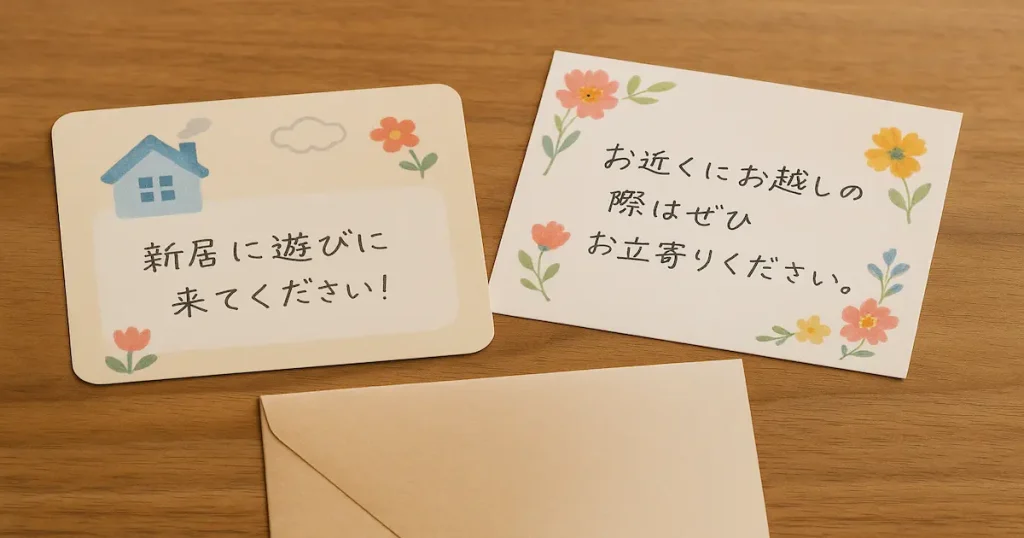 引越し後の近況を伝える短い一言メッセージ入りのカードとはがき