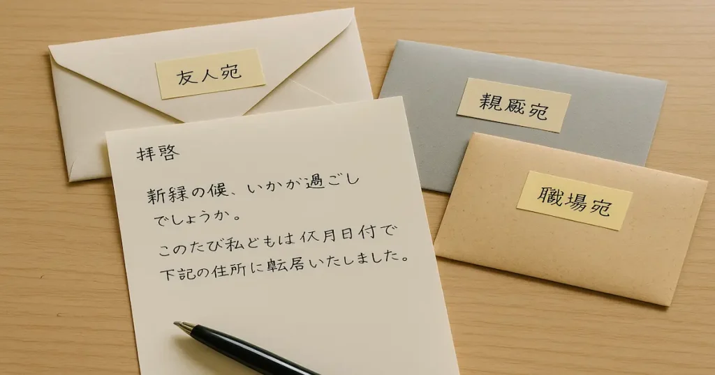友人・親戚・職場向けに書き分けられた引越し後の手紙と封筒