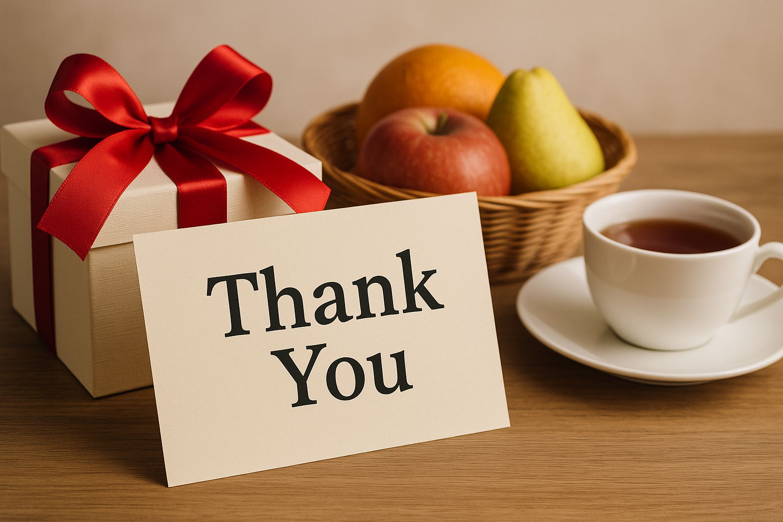 里帰り出産で嫁の実家へのお礼をイメージした写真。赤いリボンのギフトボックスと「Thank You」と書かれたカード、果物のかごとティーカップが並び、感謝を表す雰囲気を演出している