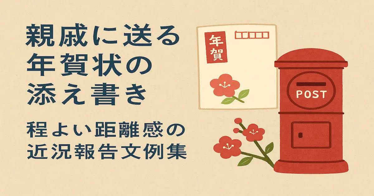淡い和紙風の背景に「親戚に送る年賀状の添え書き　程よい距離感の近況報告文例集」と書かれ、右側に年賀はがき・丸型ポスト・梅の花のイラストが配置された画像。