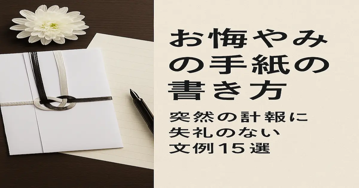 お悔やみの手紙の書き方を解説する記事のアイキャッチ画像。白い菊と弔事用の黒白の水引封筒、縦書きの手紙が木目の机に並べられ、落ち着いた雰囲気で「お悔やみの手紙の書き方・突然の訃報に失礼のない文例15選」というタイトル文字が重ねられている。