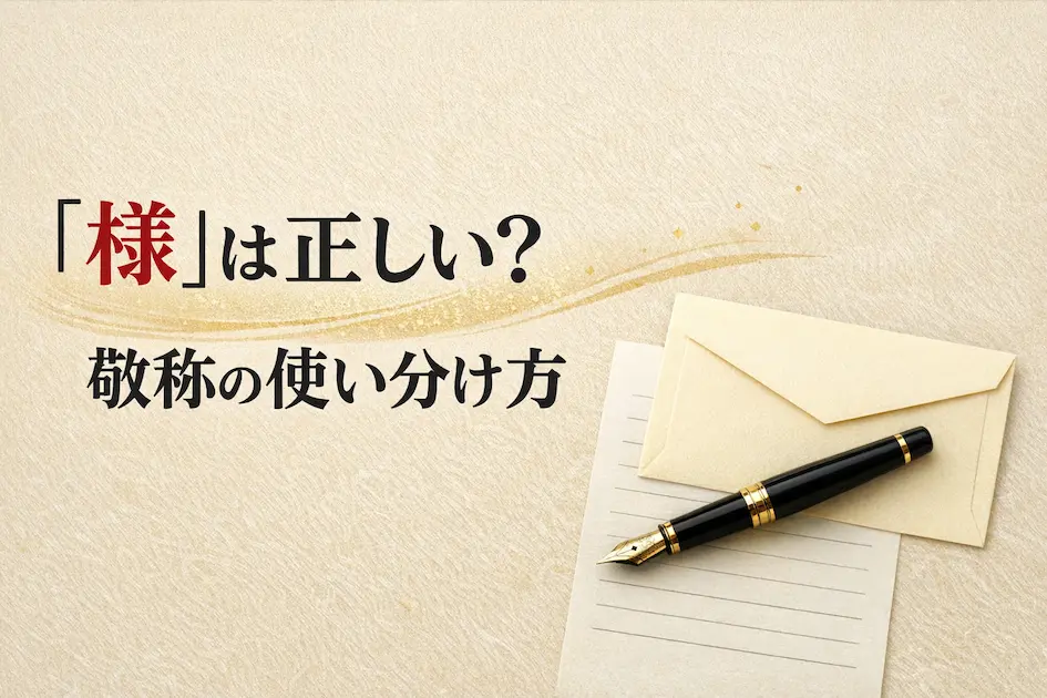 会社名に様は正しいのかをテーマに、第三者をメール文中で書くときの敬称を解説する和風アイキャッチ画像