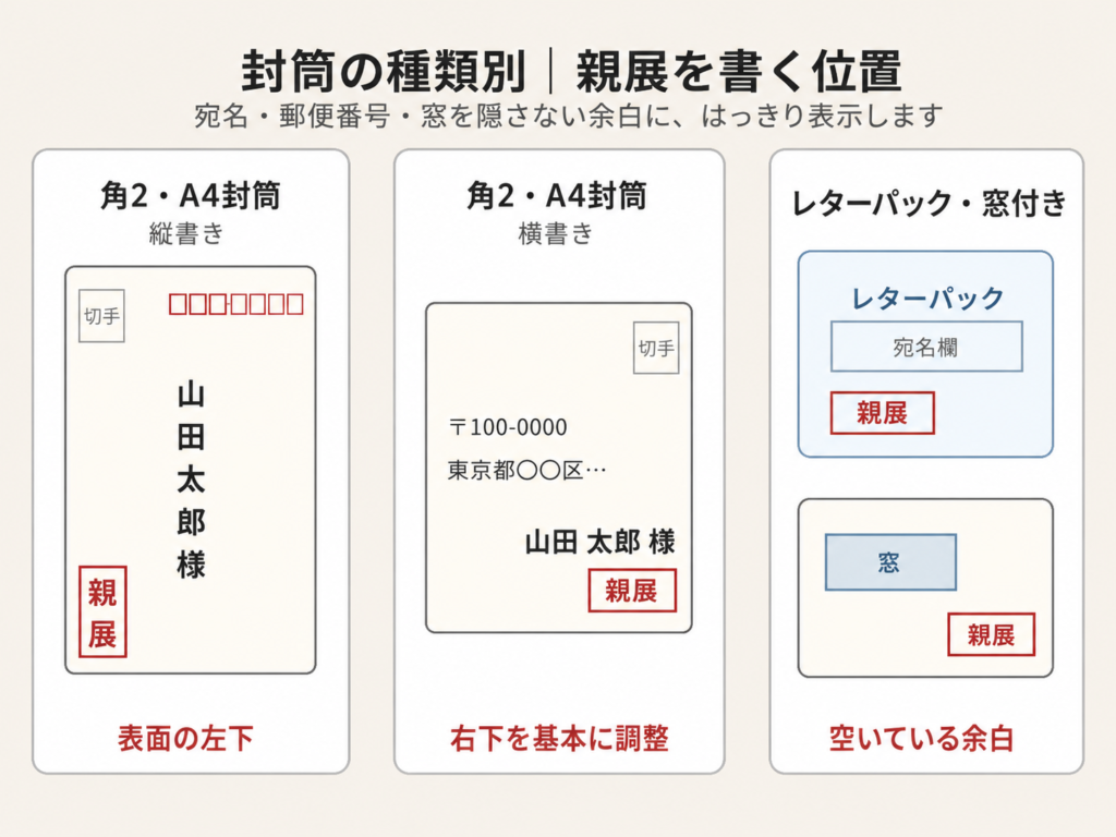 角2・A4封筒、レターパック、窓付き封筒で親展を書く位置