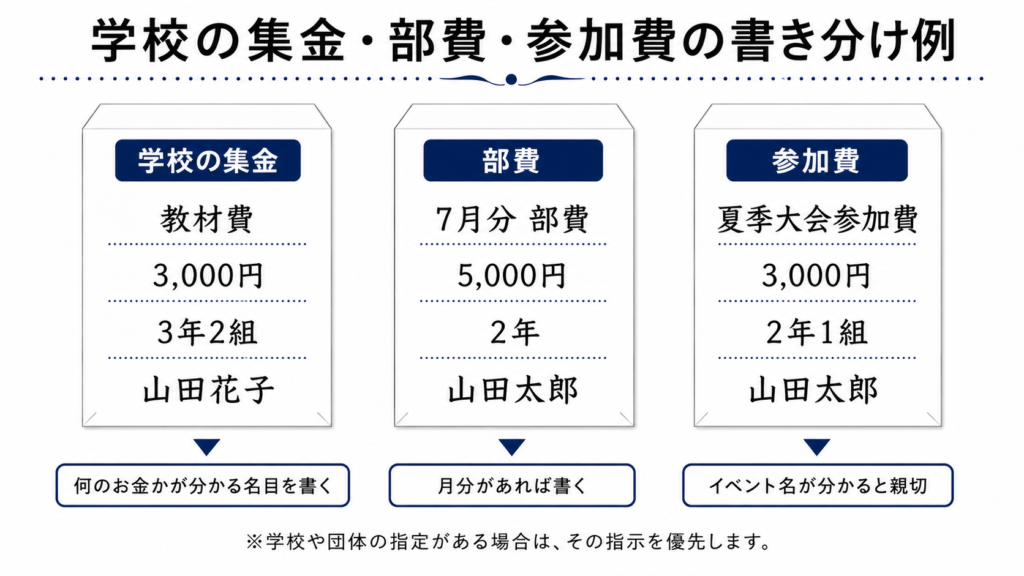 学校の集金・部費・参加費を入れる封筒の書き分け例