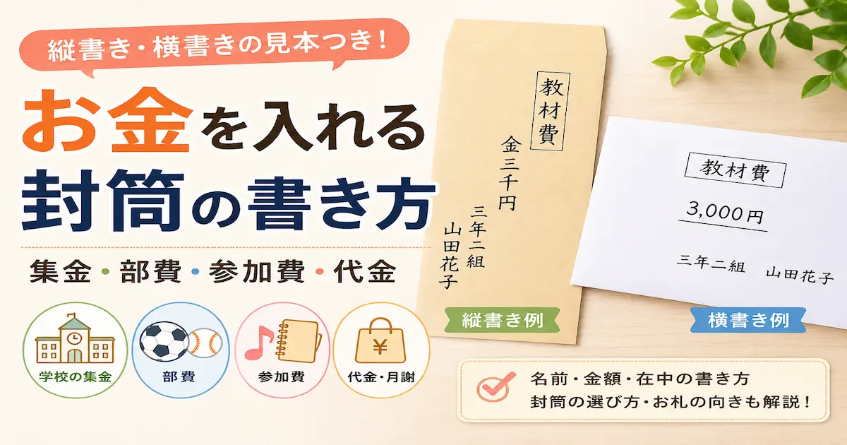 お金を入れる封筒の縦書き・横書き例と、集金・部費・参加費・代金の書き方を示すアイキャッチ画像
