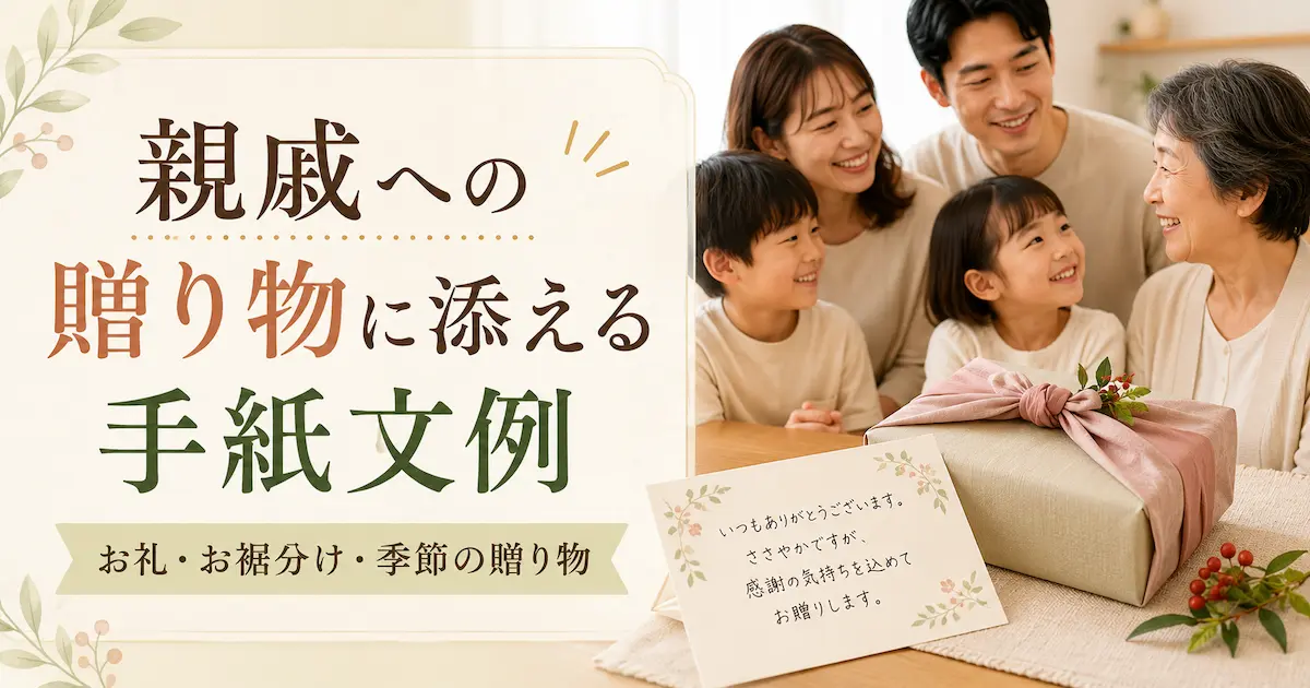親戚への贈り物に添える手紙文例と、贈り物を囲む親戚家族の様子