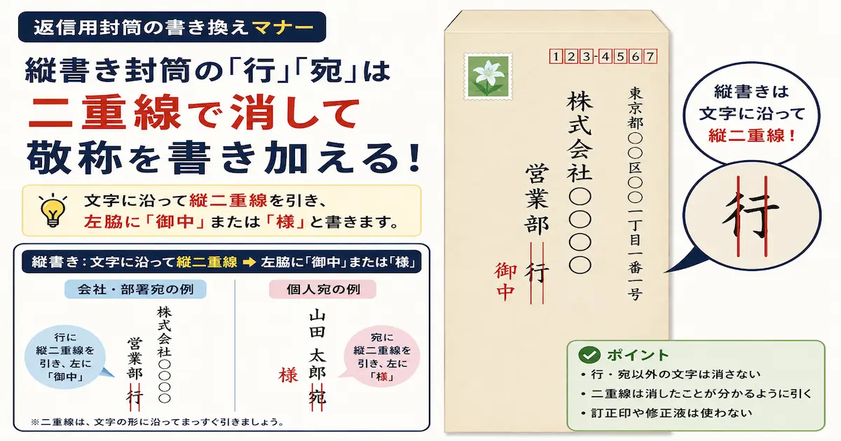 返信用封筒の「行「宛」の直し方を表したイラスト