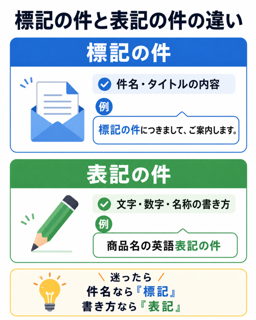 「標記の件」と「表記の件」の違いを説明したイラスト図