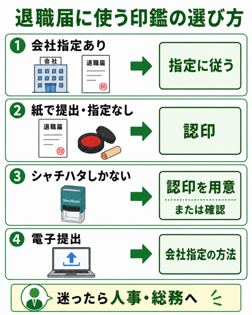 退職届に使う印鑑の選び方を、会社指定・紙提出・シャチハタ・電子提出のケース別に示した図解