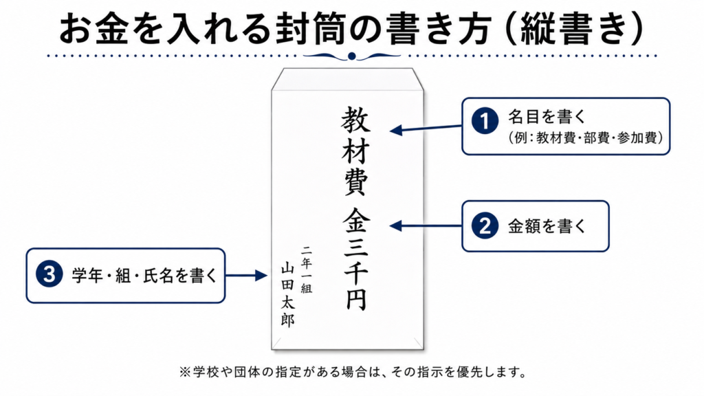 教材費と金額、学年・組・氏名を縦書き封筒に書く位置の見本