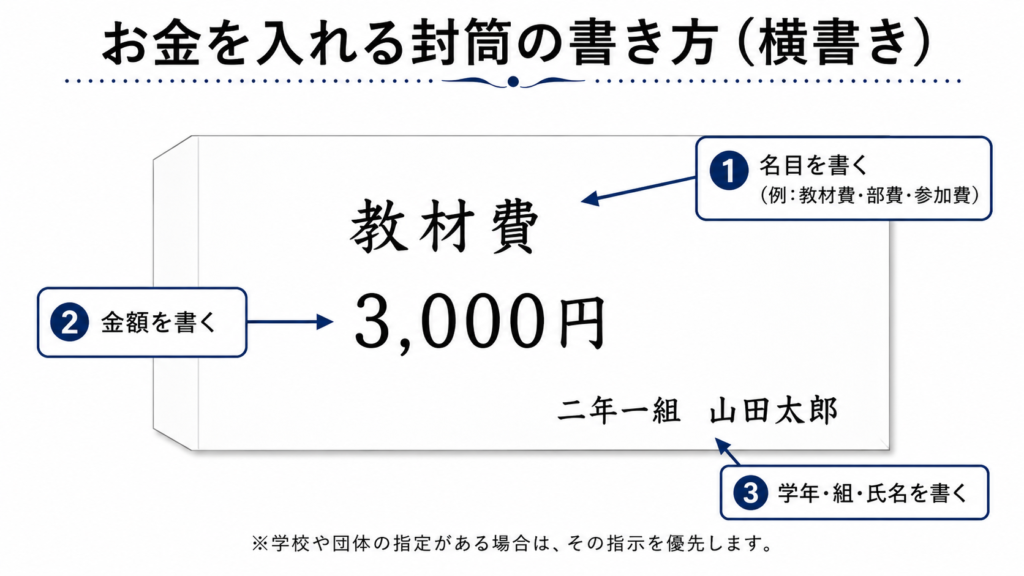教材費と金額、学年・組・氏名を横書き封筒に書く位置の見本